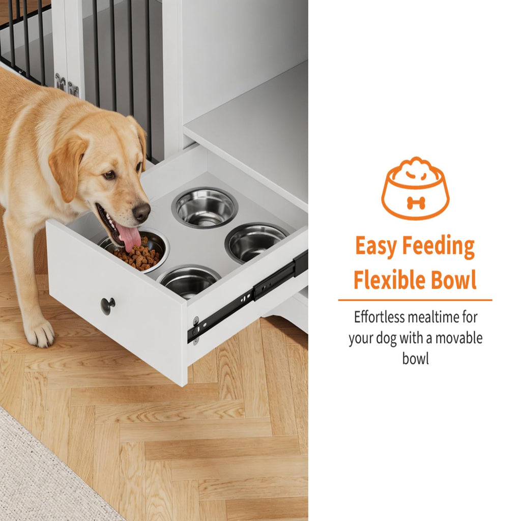 Garvee Dog Crate Furniture 83'' Indoor Dog Kennel with 4 Lockable Doors & 2 Drawers for Medium and Large Dogs, White, Multi-Functional Living Room Furniture