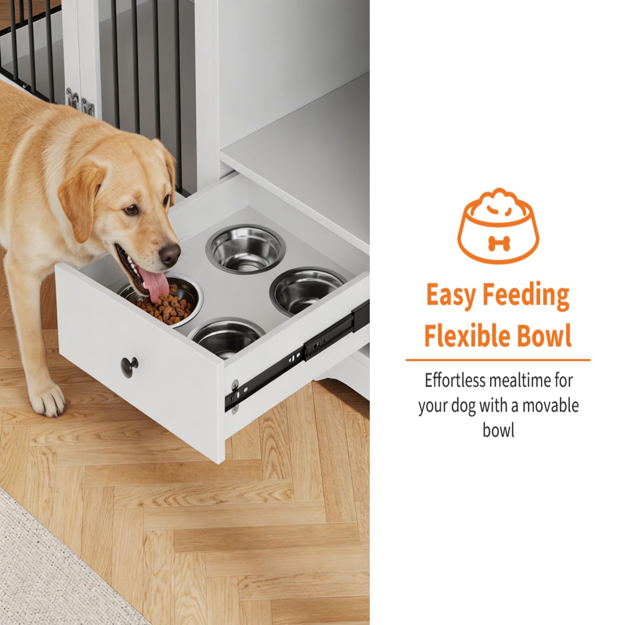 Garvee Dog Crate Furniture 83'' Indoor Dog Kennel with 4 Lockable Doors & 2 Drawers for Medium and Large Dogs, White, Multi-Functional Living Room Furniture