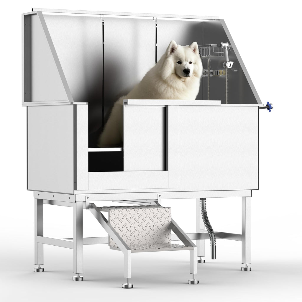 Garvee 50" Dog Washing Station, Professional Stainless Steel Pet Dog Grooming Bath Tub with Bathing Station & Stairs, Washing Sink for Home