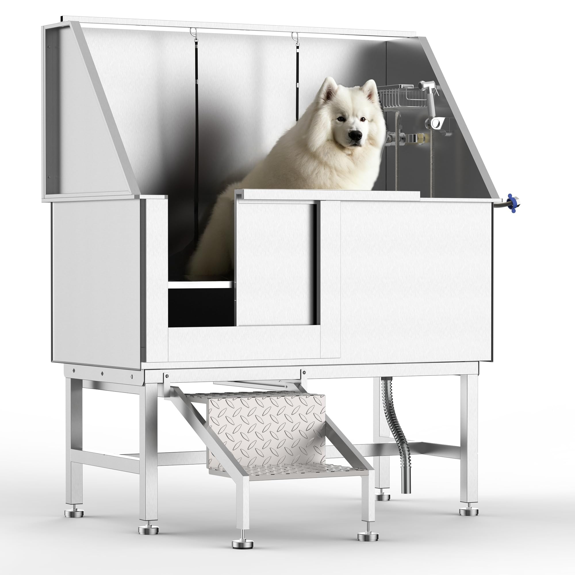 Garvee 50" Dog Washing Station, Professional Stainless Steel Pet Dog Grooming Bath Tub with Bathing Station & Stairs, Washing Sink for Home