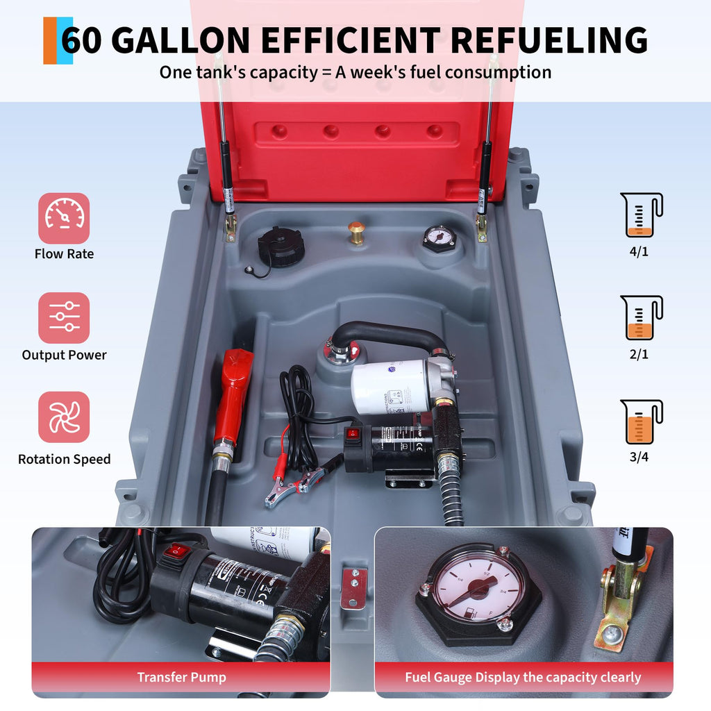 Garvee Portable Diesel Tank 60 Gallon Capacity With 12V Electric Transfer Pump And 13.1ft Rubber Hose For Easy Fuel Transportation, Red