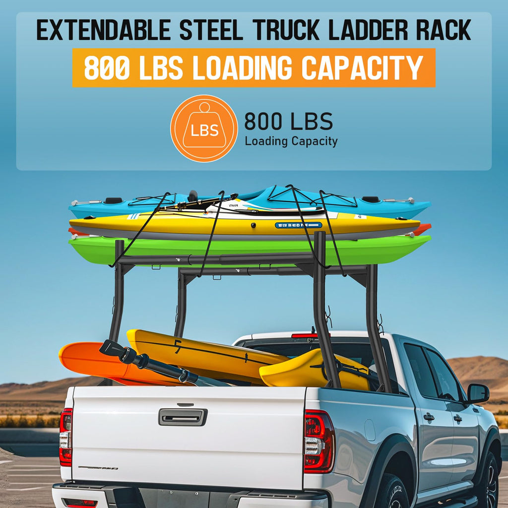 Garvee Truck Ladder Rack, Adjustable Steel Truck Bed Rack, Extendable 46"-71", 800 lbs Capacity, Universal Fit for Pickup Trucks, Ideal for Canoes, Surfboards, Ladders, Lumber, and Tents