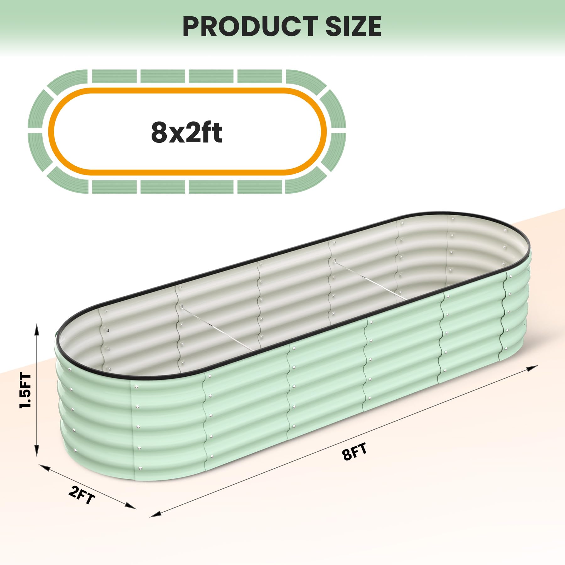 Garvee 8'x2'x1.5' Galvanized Oval Raised Garden Beds Open Base, Tool-Free Assembly Planter Boxes for Vegetables & Flowers, Green