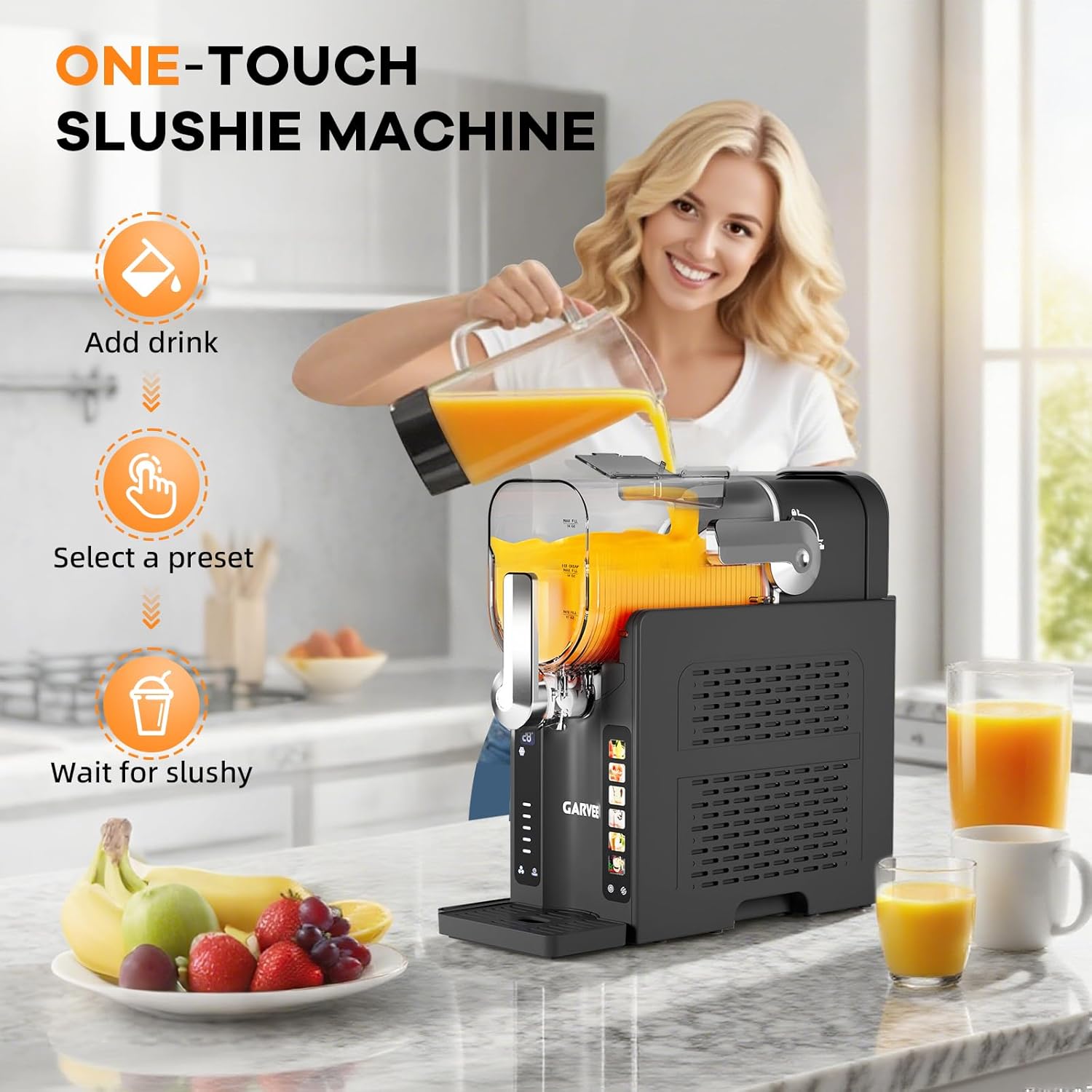 GARVEE Slushie Machine for Home No Ice Needed, Frozen Drink Maker with LED Display & 6 Pre-Set Programs, 70 oz Large Capacity for Frozen Margaritas/Frappés/Ice Cream, Quiet Compressor Slushy Machine