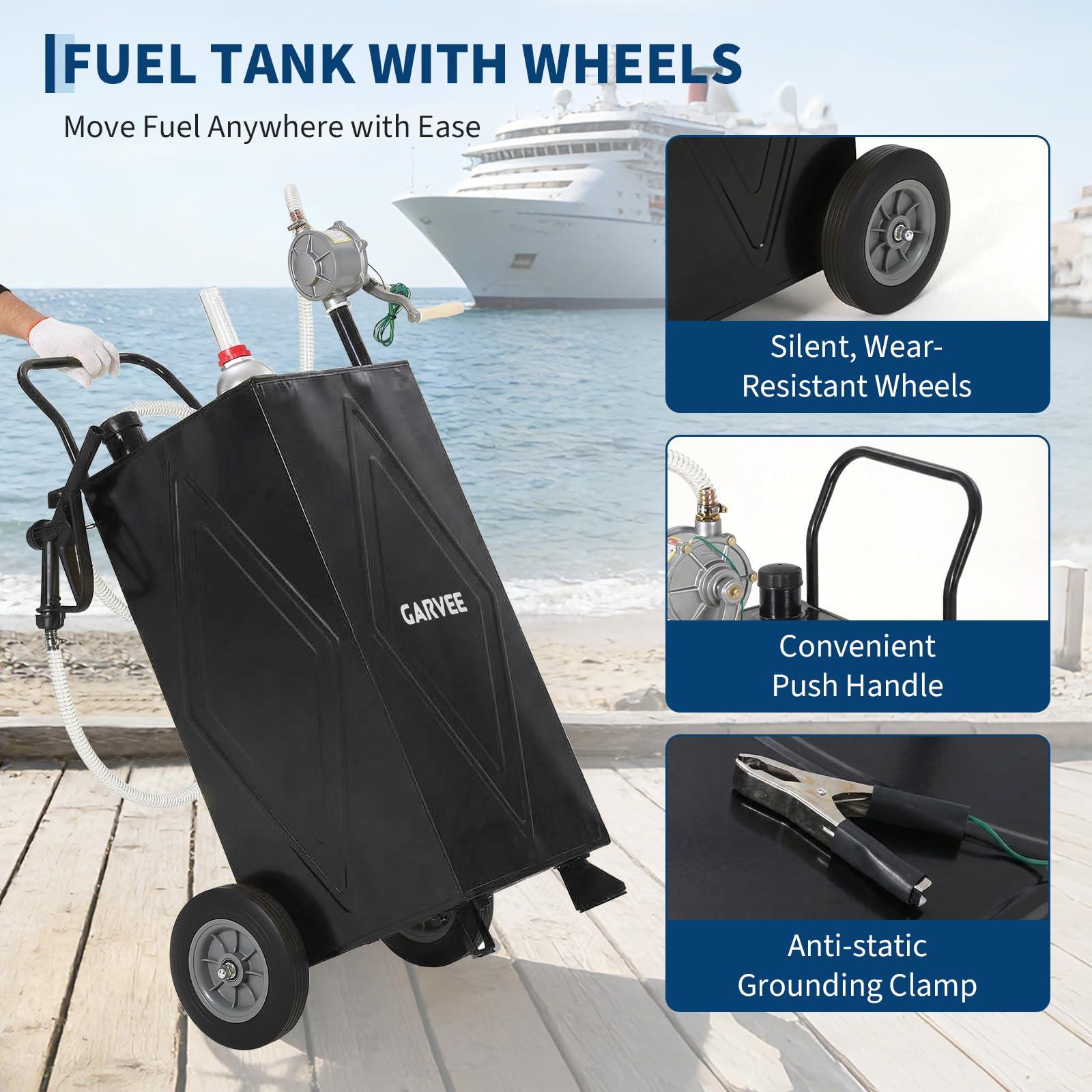 Garvee 30 Gallon Fuel Gas Caddy, Portable Storage Tank with Wheels and Manual Hand Pump for Gasoline and Diesel Transfer, Suitable for ATV, Car, Mower, Tractor, and Boat, Black