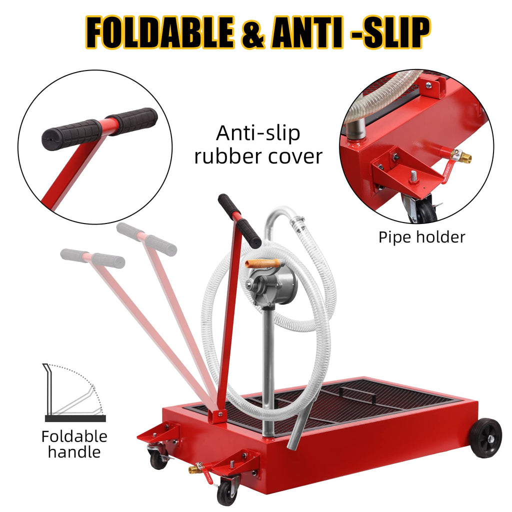 Garvee 20 Gallon Hand Pum Low Profile Portable Oil Drain Pan,with T-Handle,for Car,Suvs with Hose,Casters - Red