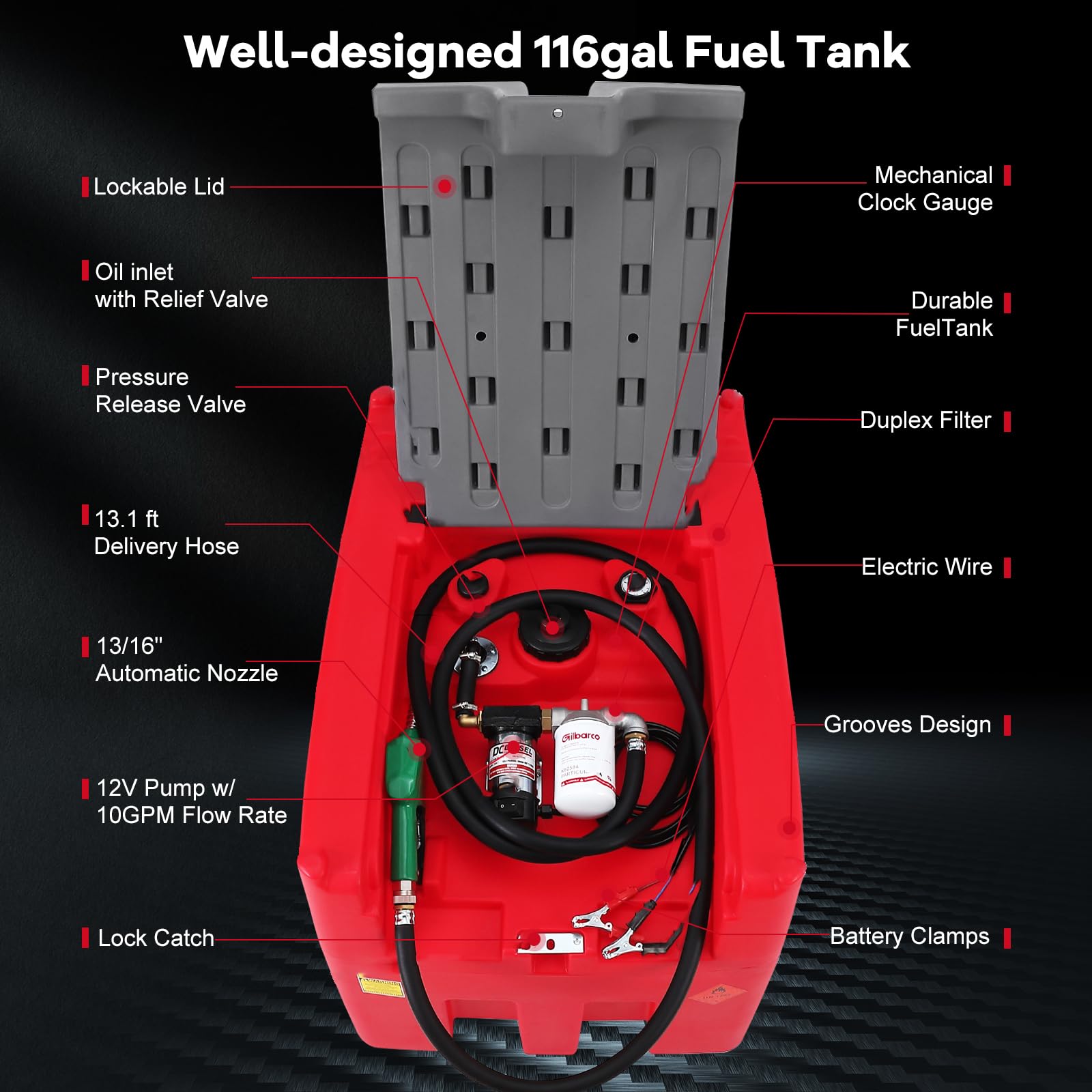 Garvee 116 Gallon Portable Fuel Tank, Gasoline Transfer Tank with 12V Electric Pump, 10 GPM Flow Rate, 13.1ft Hose, Auto Fueling Nozzle, Durable Design for Easy Transportation (Red)