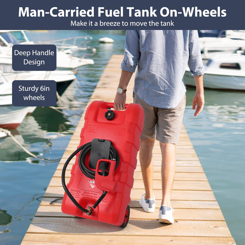 Garvee Fuel Caddy, 15 Gallon Portable Gas Fuel Tank Container with LE Fluid Transfer Siphon Pump and 10ft. Delivery Hose, Diesel Storage Can On-Wheels for Cars, Lawn Mowers, ATVs, Boats, Red
