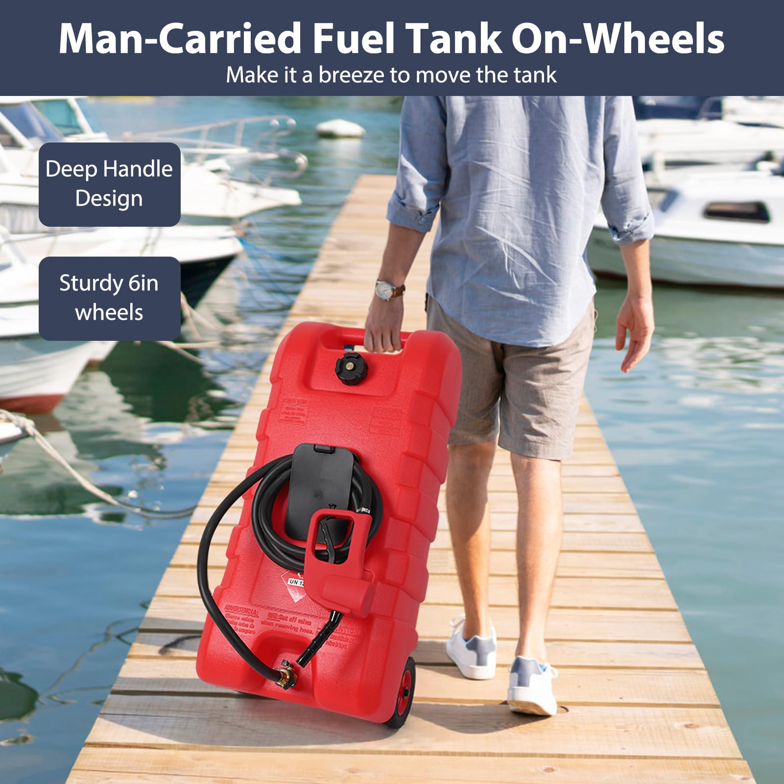 Garvee 2-Pack Fuel Caddy, 15 Gallon Portable Gas Fuel Tank Container with LE Fluid Transfer Siphon Pump and 10ft. Delivery Hose, Diesel Storage Can On-Wheels for Cars, Lawn Mowers, ATVs, Boats, Red