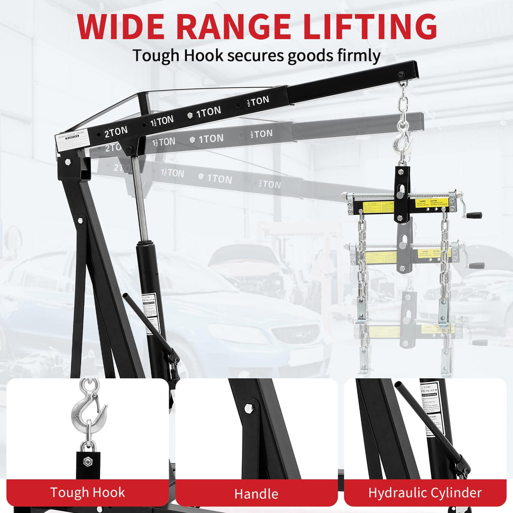 Garvee 2 Ton Folding Hydraulic Engine Hoist with Load Leveler for Garage Workshop Warehouse, 4400 LBS Capacity, Black