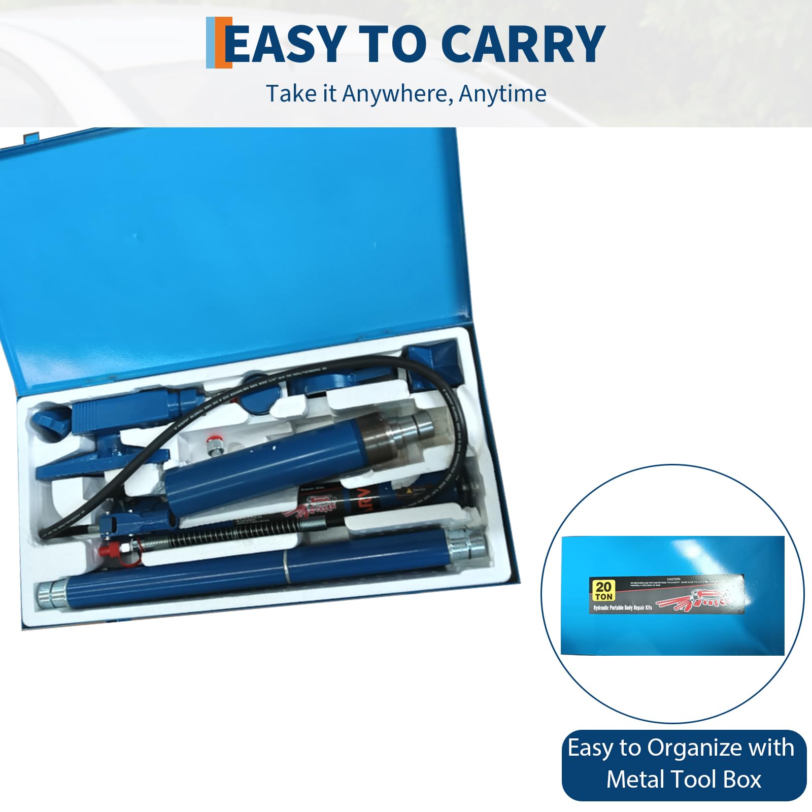 Garvee 20 Ton Porta Power Hydraulic Kit, 15pcs Heavy-Duty Hydraulic Pusher Puller Set with Long Handle Ram and Portable Toolbox for Auto Body Repair, Garage, and Industrial Maintenance, Blue