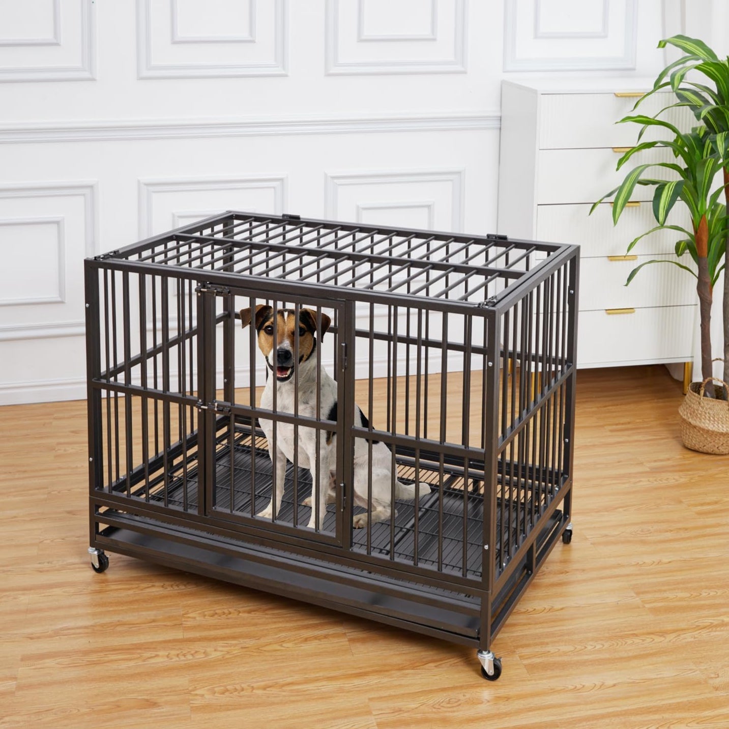 Garvee 48" Heavy Duty Dog Crate, Cage Kennel with Wheels&Brakes, High Anxiety Indestructible, Sturdy Locks Design, Double Door and Removable Tray for Large Pets(Black)
