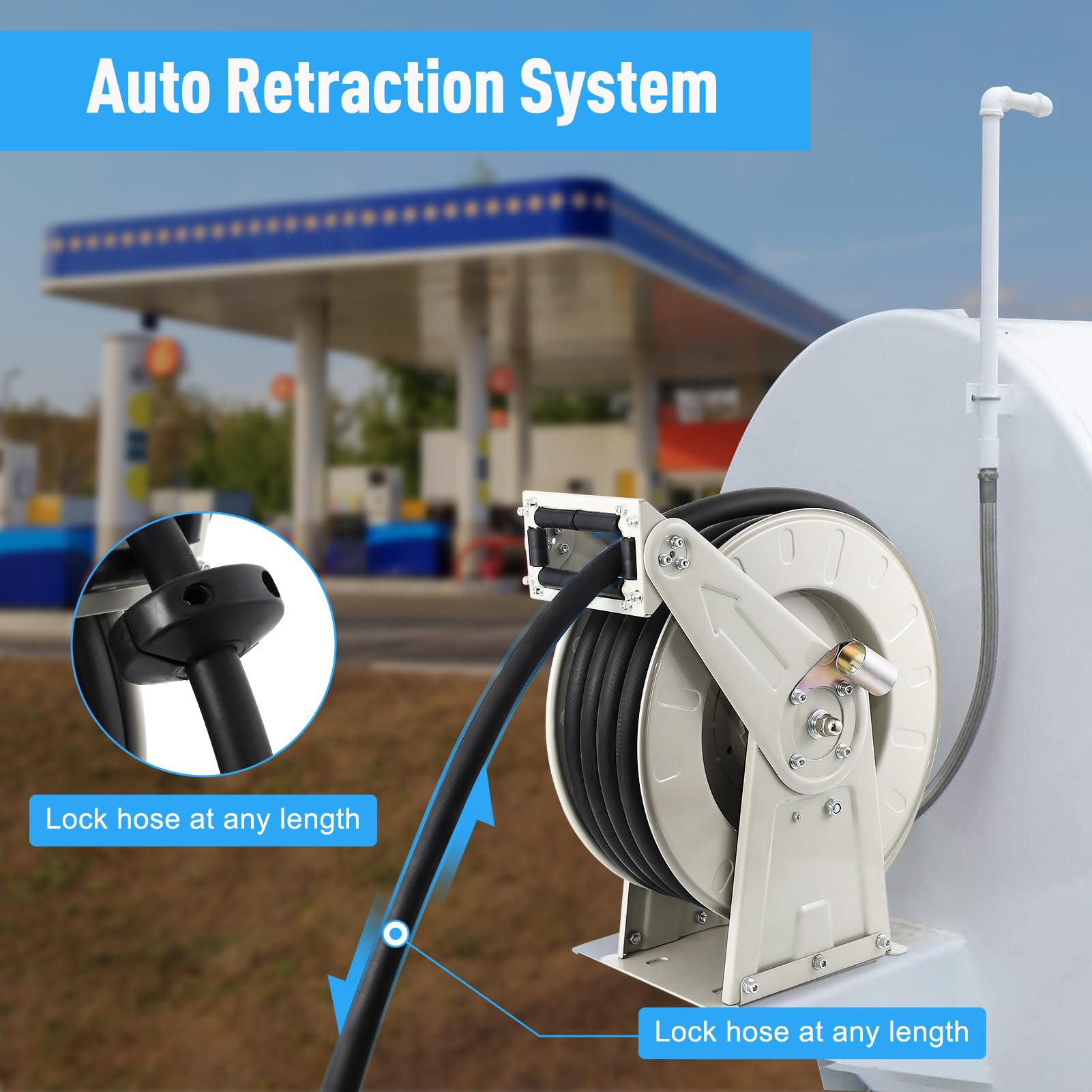 Garvee 1"x50" Fuel Hose Reel with 360° Swivel Standard Fueling Nozzle, Retractable Heavy Duty Steel Construction Reel, 300PSI Industrial Auto Swivel, Spring Driven Diesel Hose Reel for Construction, with Cover Waterproof