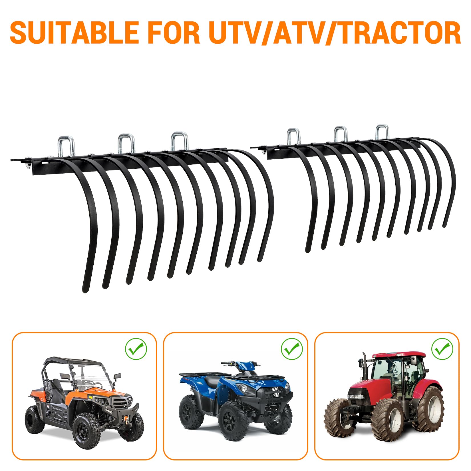 Garvee 60 Inch Landscape Rake Fits for Tractor/ATV/UTV, Heavy Duty Rock Rake 20 Tines, Pine Straw Rake for Removal of Rock, Grass Clumps and Debris, Prep for Seeding, Black