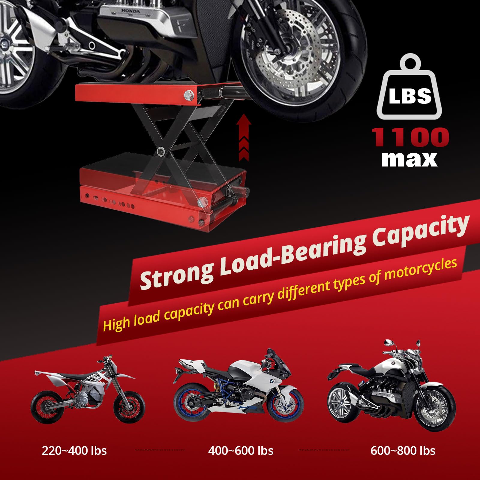 Garvee Motorcycle Lift, 1100 lb Stand Lift Jack Table with Rise from 4.7" to 15.4" Steel Wide Deck for Motorcycles, Dirt Bikes and Atvs Scissor Lift