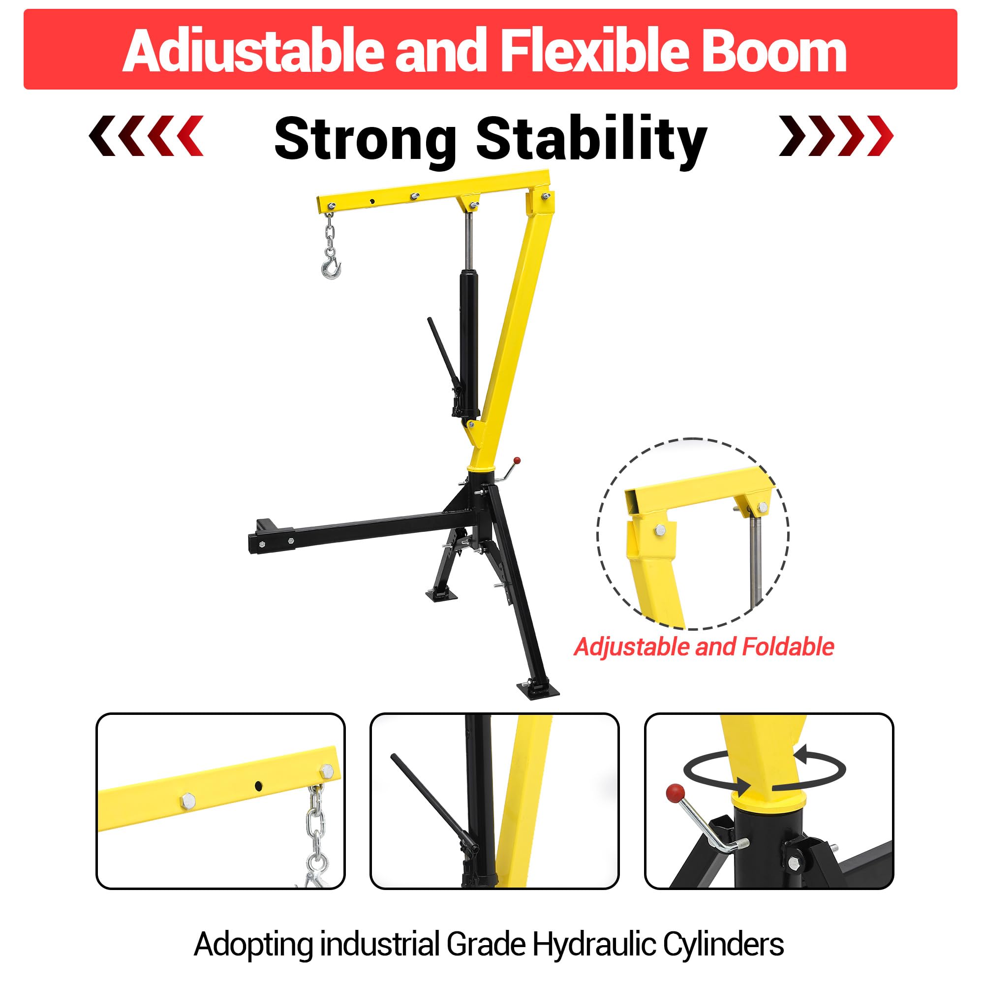 Garvee Hydraulic Hitch-Mount Truck Crane - 1000lb Capacity with Adjustable Arm Length and Boom Height, Heavy-Duty Steel Construction, Yellow