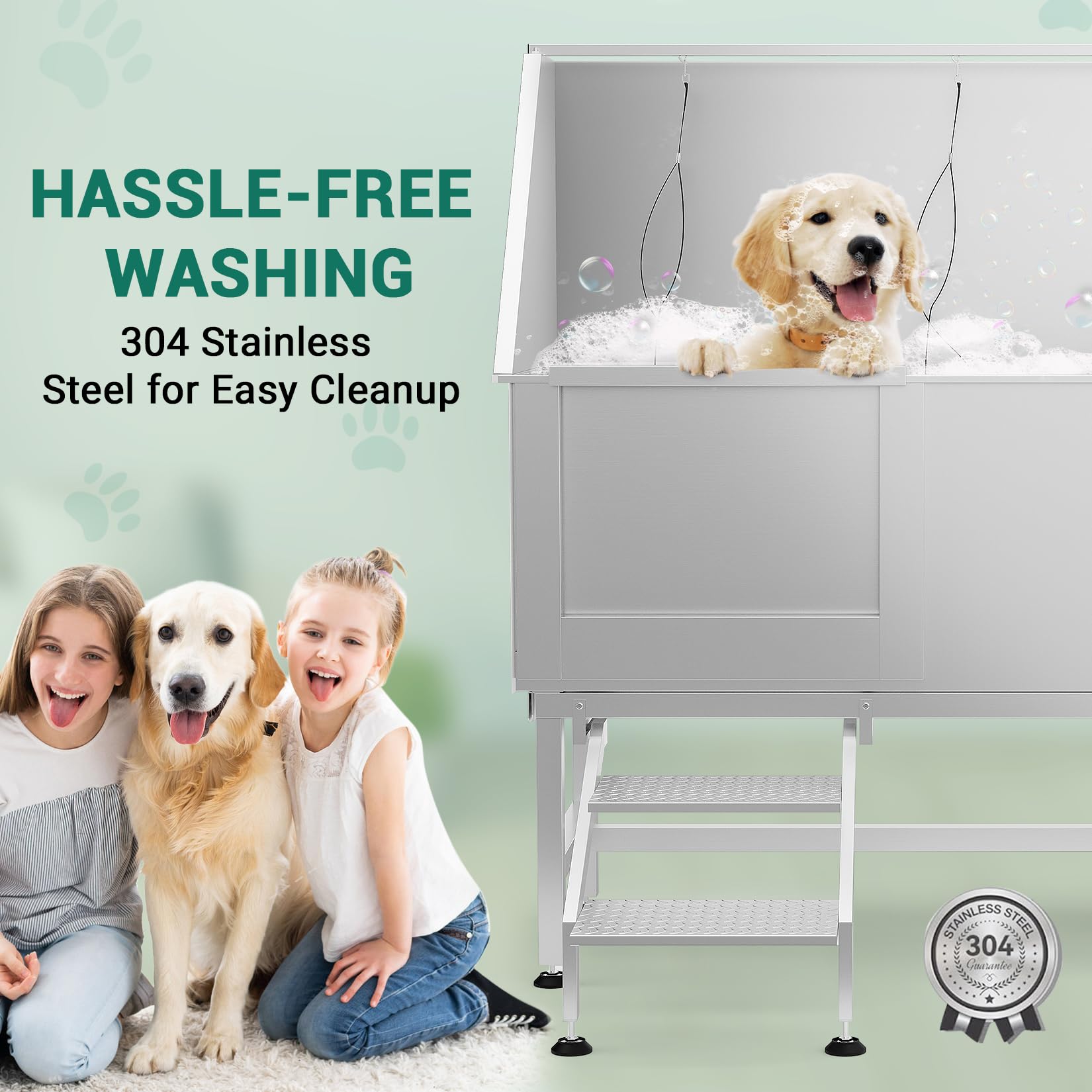 Garvee 50" Dog Grooming Tub 304 Stainless Steel Professional Dog Bathing Station with Steps Faucet & Accessories, Dog Bathtub for Large, Medium, Small Pets, Dog Washing Station for Home(Left Door)
