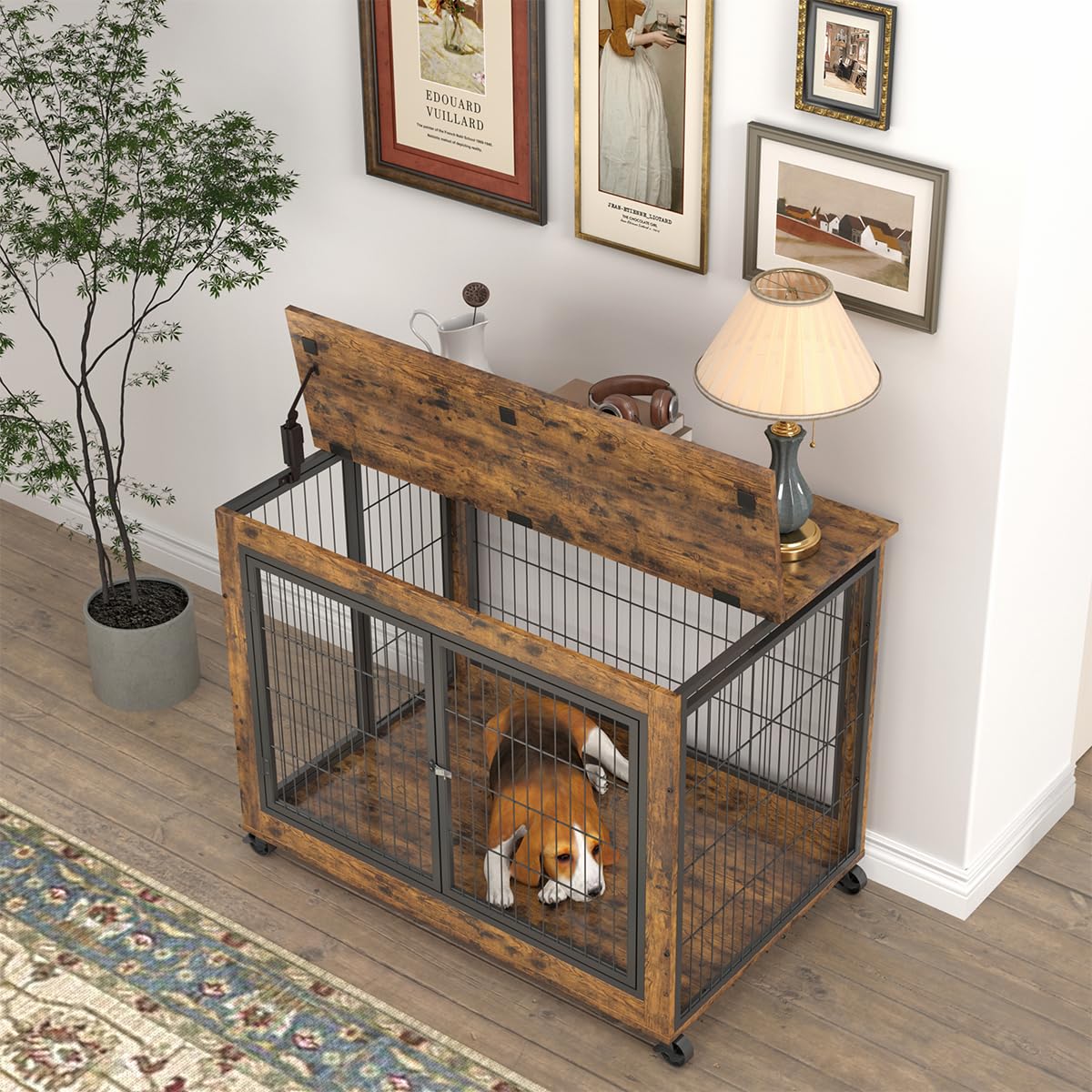 Garvee Dog Crate Furniture Dog Kennel Double Doors Medium Large Dog 38.58" W x 25.2" D x 27.17" H Rustic Brown