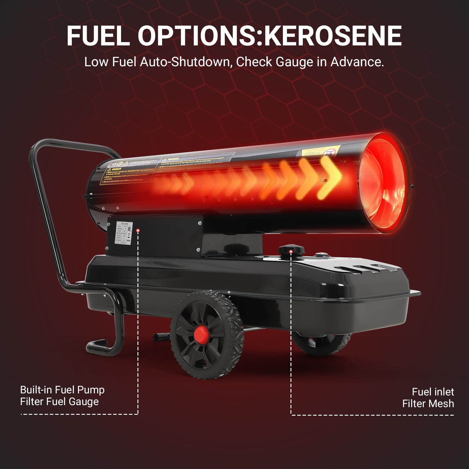 Garvee 220,000 BTU Forced Air Kerosene Diesel Heater, 120V 52L Tank, Thermostat, 1100m³/h Output, Handle, for Construction, Warehouse, Workshop, Black