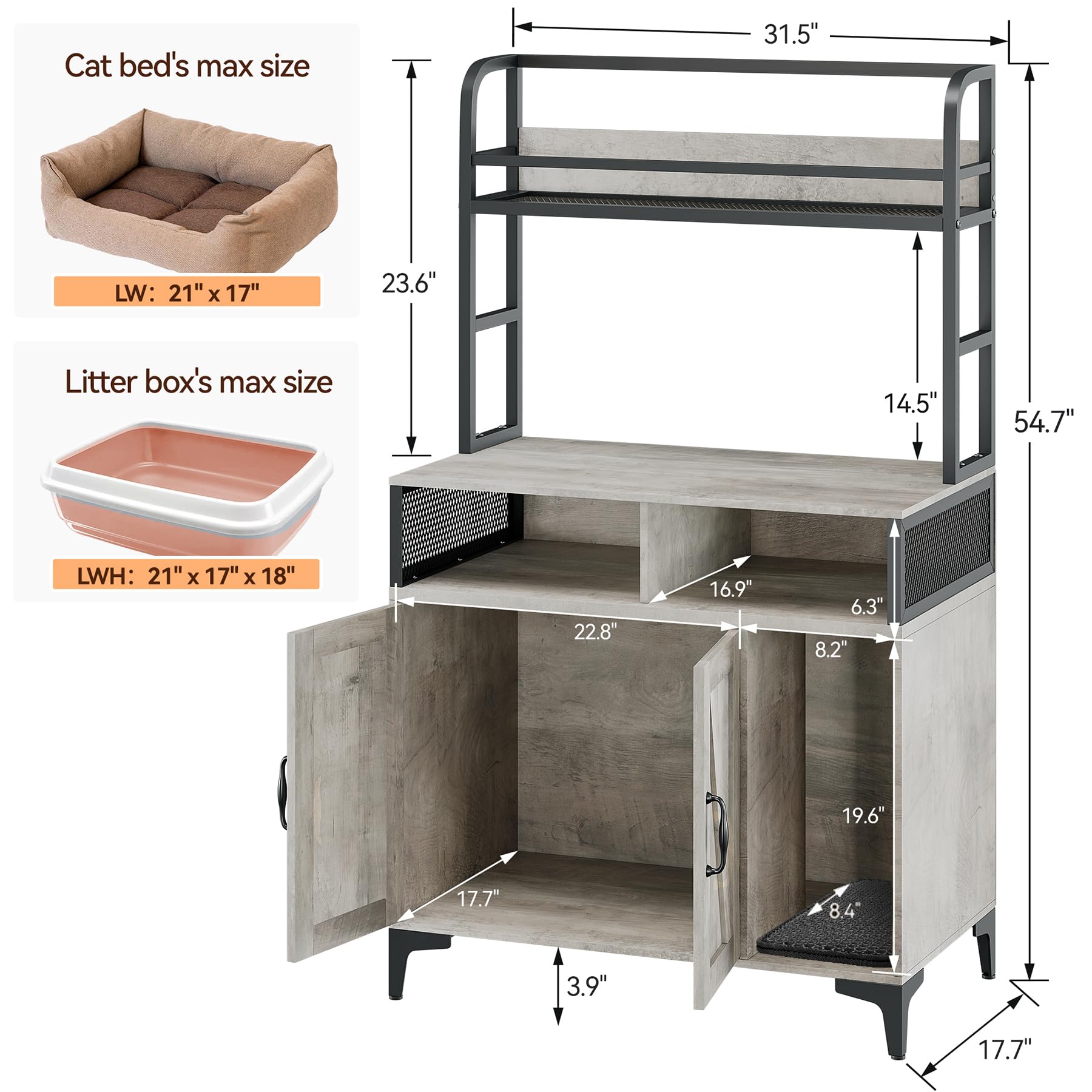 Garvee Cat Litter Box Enclosure, 3 Shelves, Modern Style, Hidden Litter Box Furniture with Storage and Doors, Grey