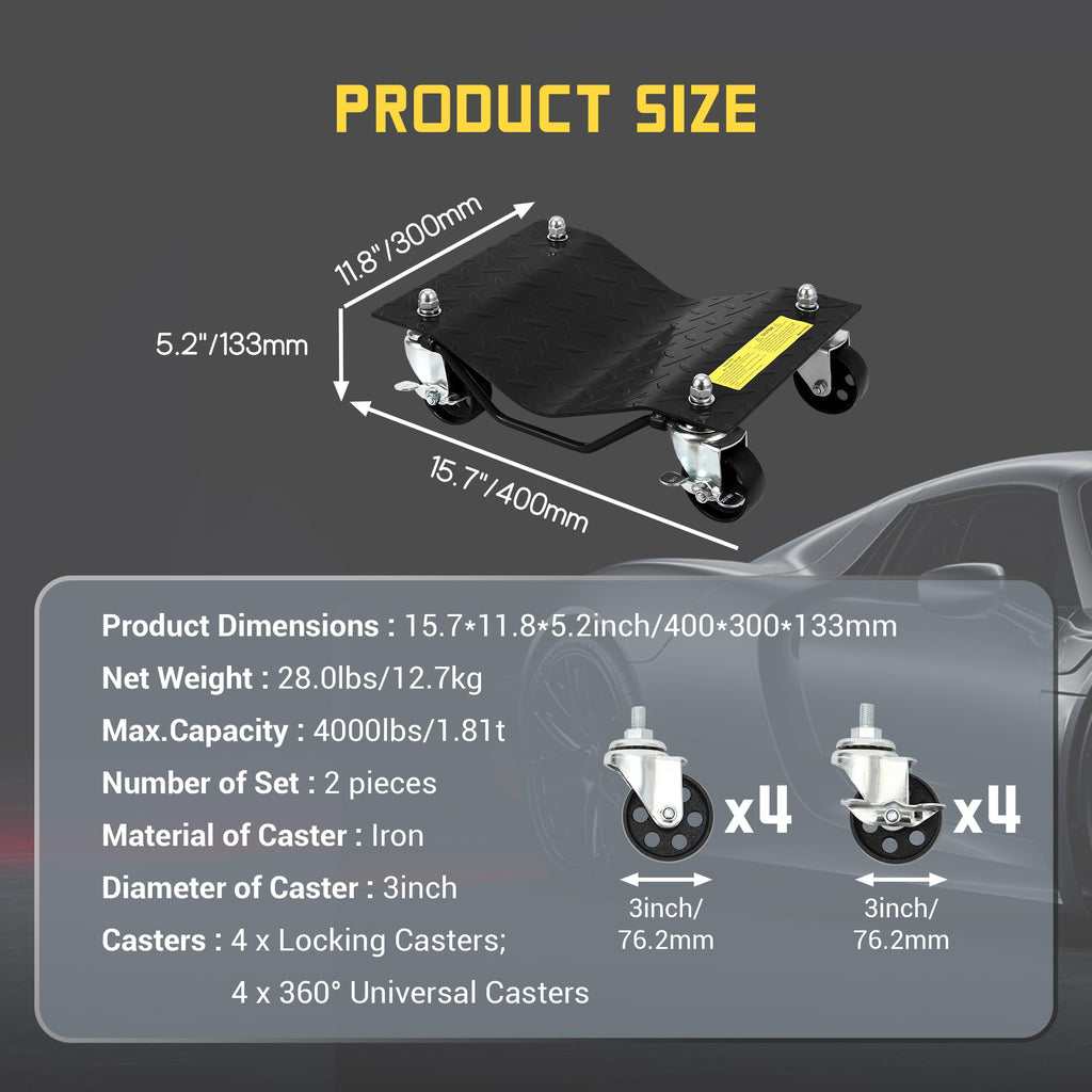 Garvee Car Dolly Set of 2, Heavy Duty Vehicle Dolly with 3 Inch Steel Wheels, 4000 LBS Capacity, Black