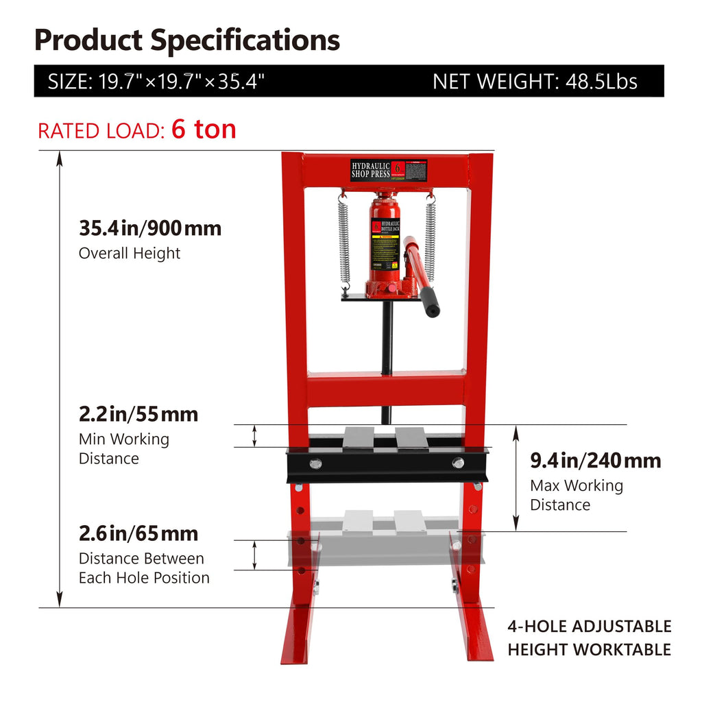 Garvee Hydraulic Press 6 Ton H-Frame Adjustable Shop Press With Stamping Plates For Garage Floor Metalworking, Black