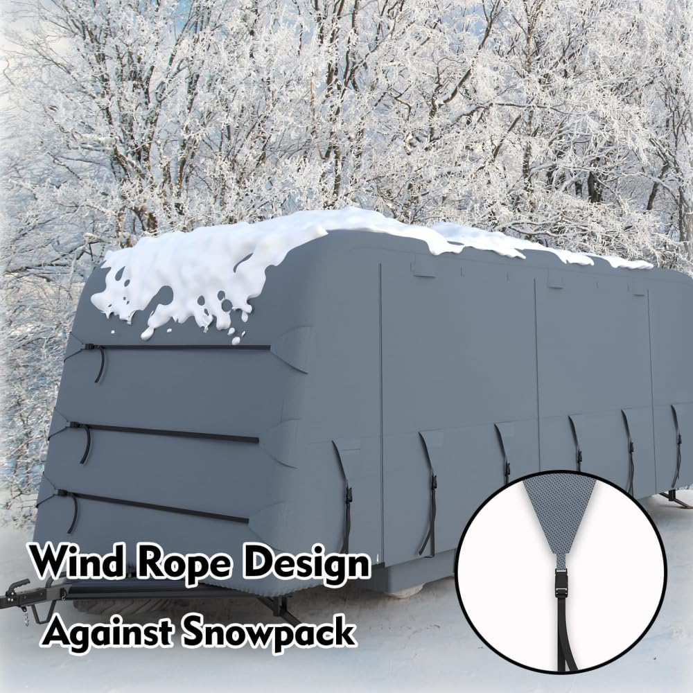 Garvee Travel Trailer Rv Cover, Windproof Camper Cover with Extra-Thick 6 Layers Anti-Uv Top Panel, Breathable, Water-Proof, Rip-Stop with 2Pcs Extra Straps & 4 Tire Covers, Fits 33'-36' Motorhome