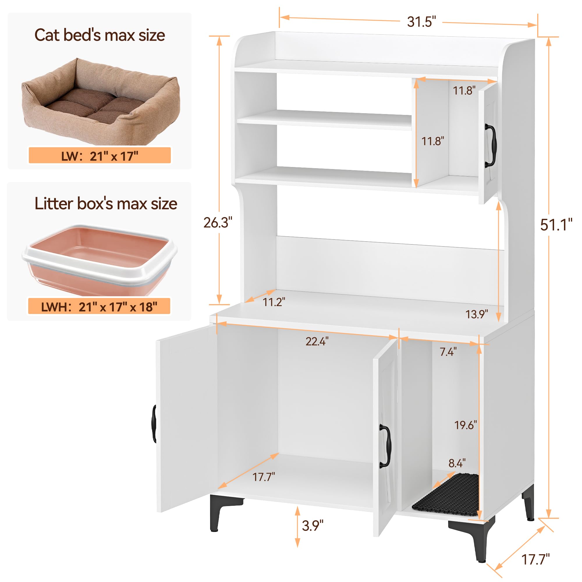 Garvee Cat Litter Box Enclosure, Modern Hidden Cat Litter Box Furniture with 4-Tier Storage Shelves, 2 Cabinets, Cat Litter Mat, Large Wood Indoor Cat House Furniture for Home, White