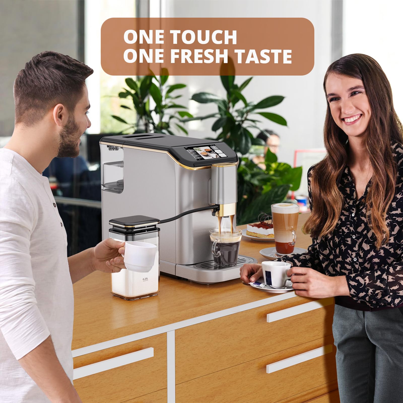 Garvee Automatic Espresso Machine, Coffee Machine with Grinder, Espresso Maker with Automatic Milk Frother, 20 Bar Latte Machine, TFT Touch Screen for Cappuccino, Americano(Silver+Gold)
