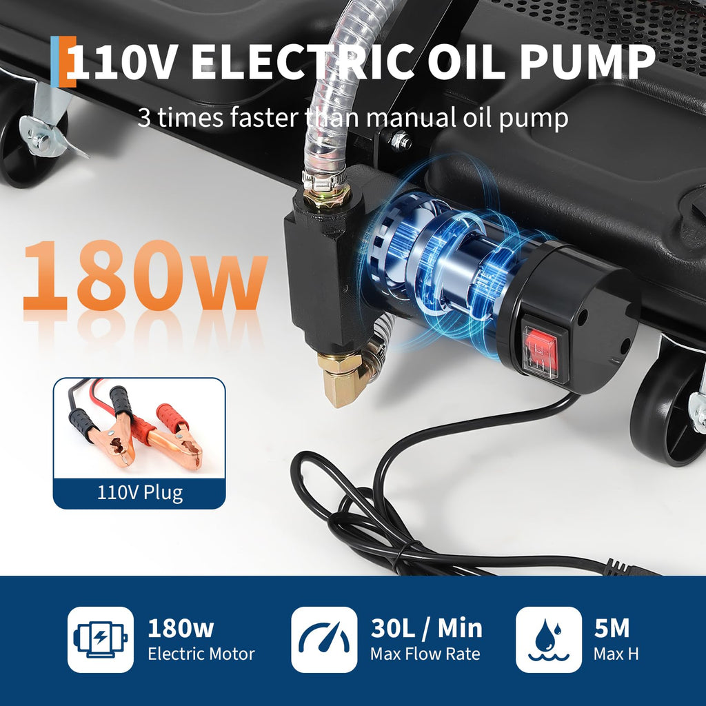 Garvee Oil Drain Pan 17 Gallon Low Profile Oil Drain Tank with Electric Pump for Car SUV Trucks, 64L Black Foldable Hand with Hose and Swivel Casters