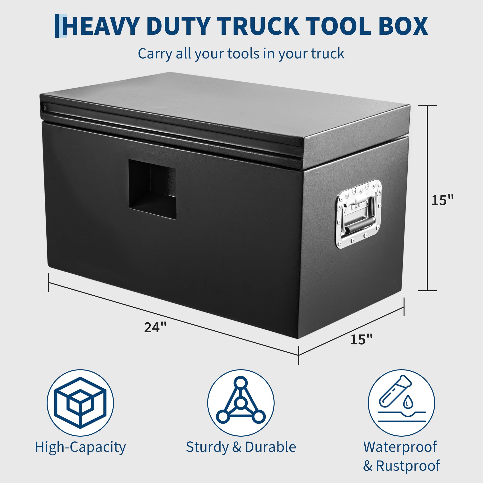 Garvee 24"x15"x15" Steel Truck Tool Box - Heavy-Duty, Dual Lids, Lockable, Weatherproof Storage for Pickup Truck Beds, RVs, and Trailers, Black