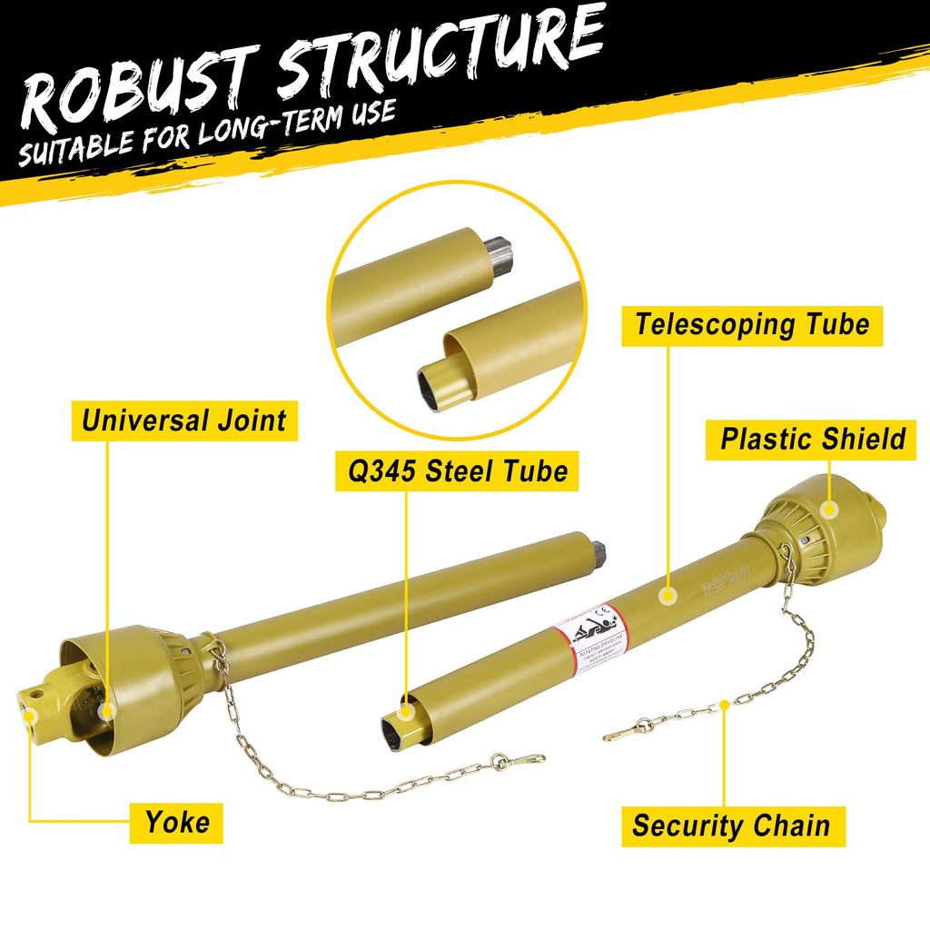 Garvee PTO Shaft 1 3/8" PTO Drive Shaft, Round Ends PTO Driveline Shaft, 6 Spline End Tractor, Brush PTO Shaft, Yellow PTO Shaft for Finish Mower, Rotary Cutter,39"-55"