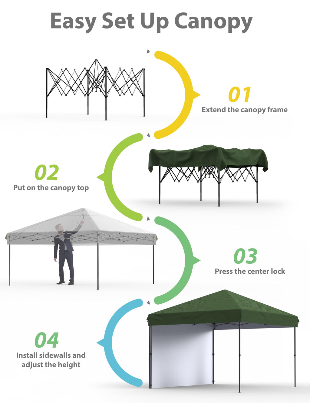 Garvee 10'x10' Pop-Up Canopy Tent - Portable Instant Gazebo with 1 Removable Sidewall, 4 Stakes & Ropes for Outdoor Events, Patio, Party, Camping, Green