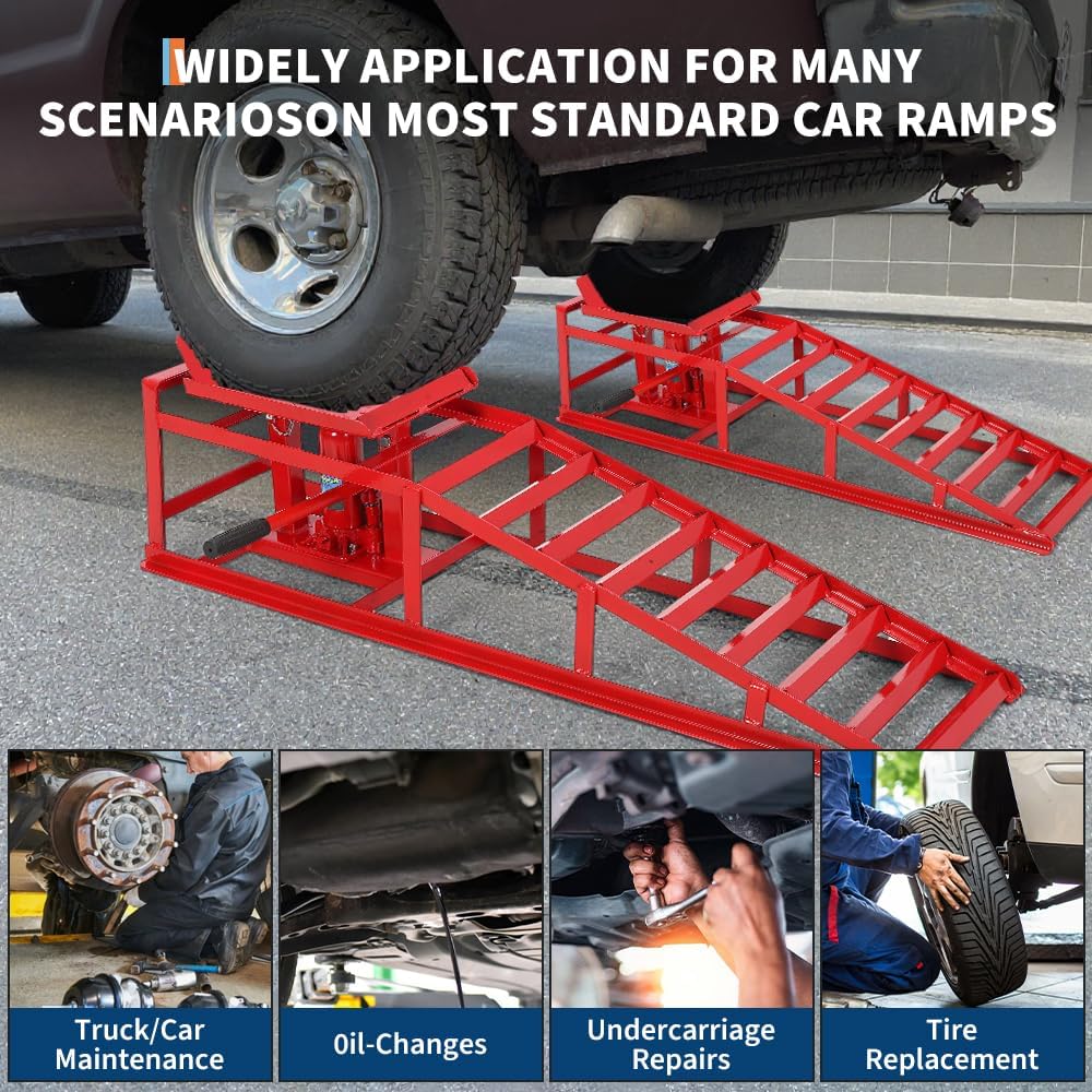 Garvee 2Pcs 5 Ton Hydraulic Car and Truck Service Ramps - 11023 lbs Capacity, Portable Lifts for Oil Changes with Adjustable Height from 9.8" to 15", Ideal for Home Garage and Vehicle Repairs, Red