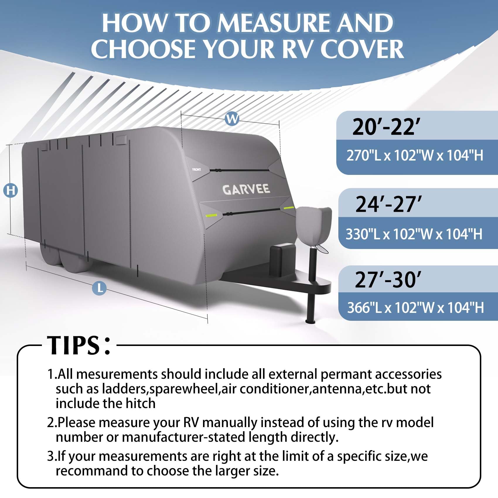 Garvee RV Cover 20-22FT, Camper Trailer Cover with Anti-UV, Waterproof, Windproof Straps, Includes Tire, Gutter, Tongue Jack Covers & Adhesive Repair Patches