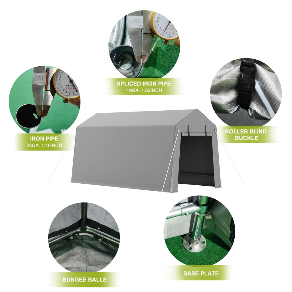 Garvee 7x15 FT Motorcycle Storage Sheds, Portable Carport with Rolled up Zipper Door , Waterproof , Storage Tent Heavy Duty for Motorcycle , Bike , Firewood , Garden Tools , Grey