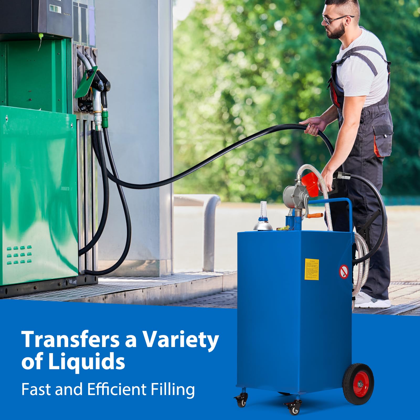 Garvee 35 Gallon Fuel Caddy with Manual Transfer Pump, Heavy-Duty Stainless Steel, 4-Wheel Mobile Design for Gasoline & Diesel, Portable, Durable, Blue