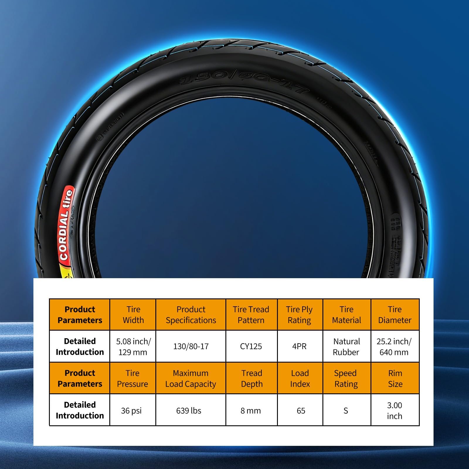 Garvee 130/80-17 Motorcycle Tire Rear Black Wall 4PR 65S Tubeless Street Tire Cruiser Touring High Performance Enhanced Grip Wear Resistance
