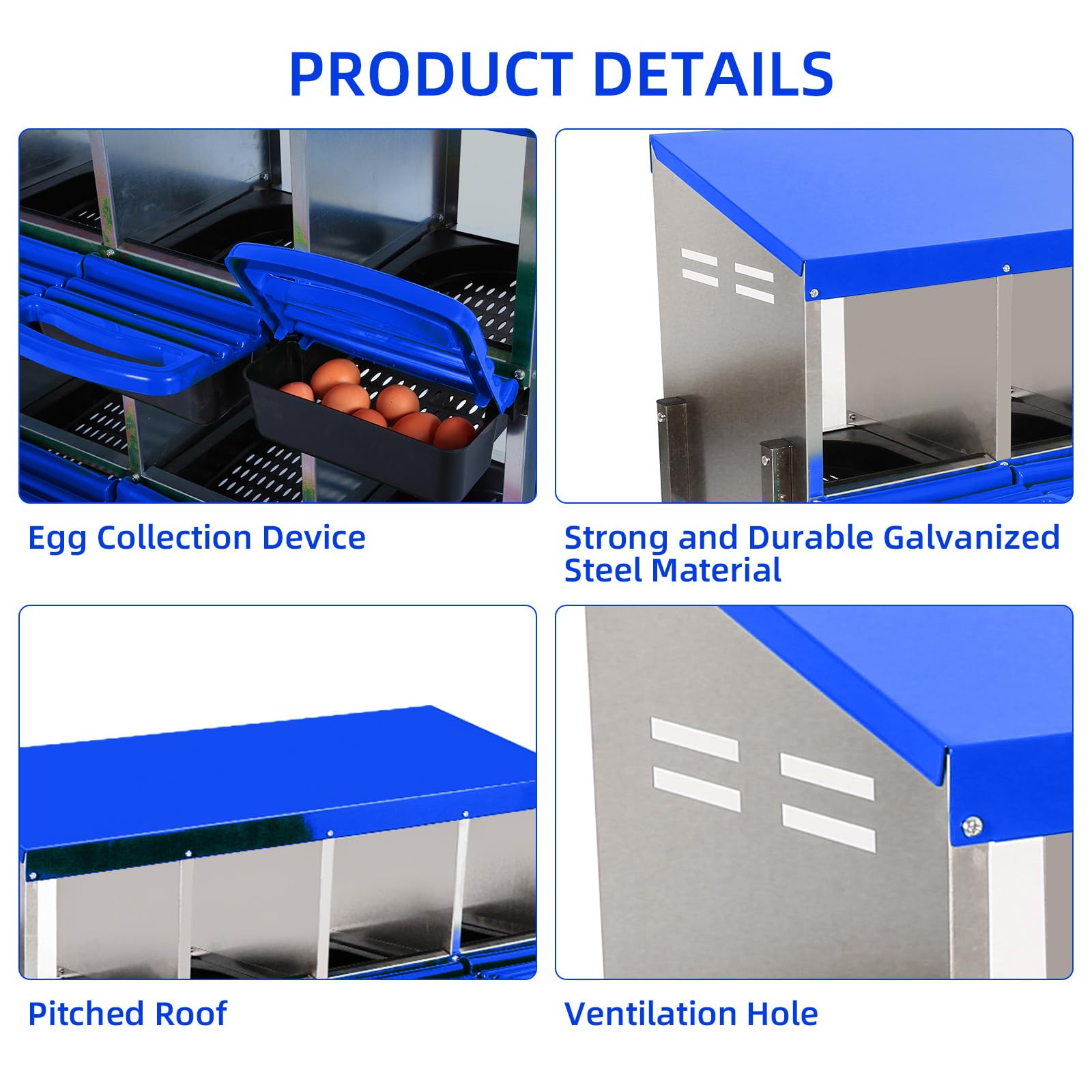 Garvee Chicken Nesting Box 8-Hole Roll Away Egg Laying Box with Lid, Heavy-Duty Galvanized Steel, Blue, Easy Clean & Egg Collection