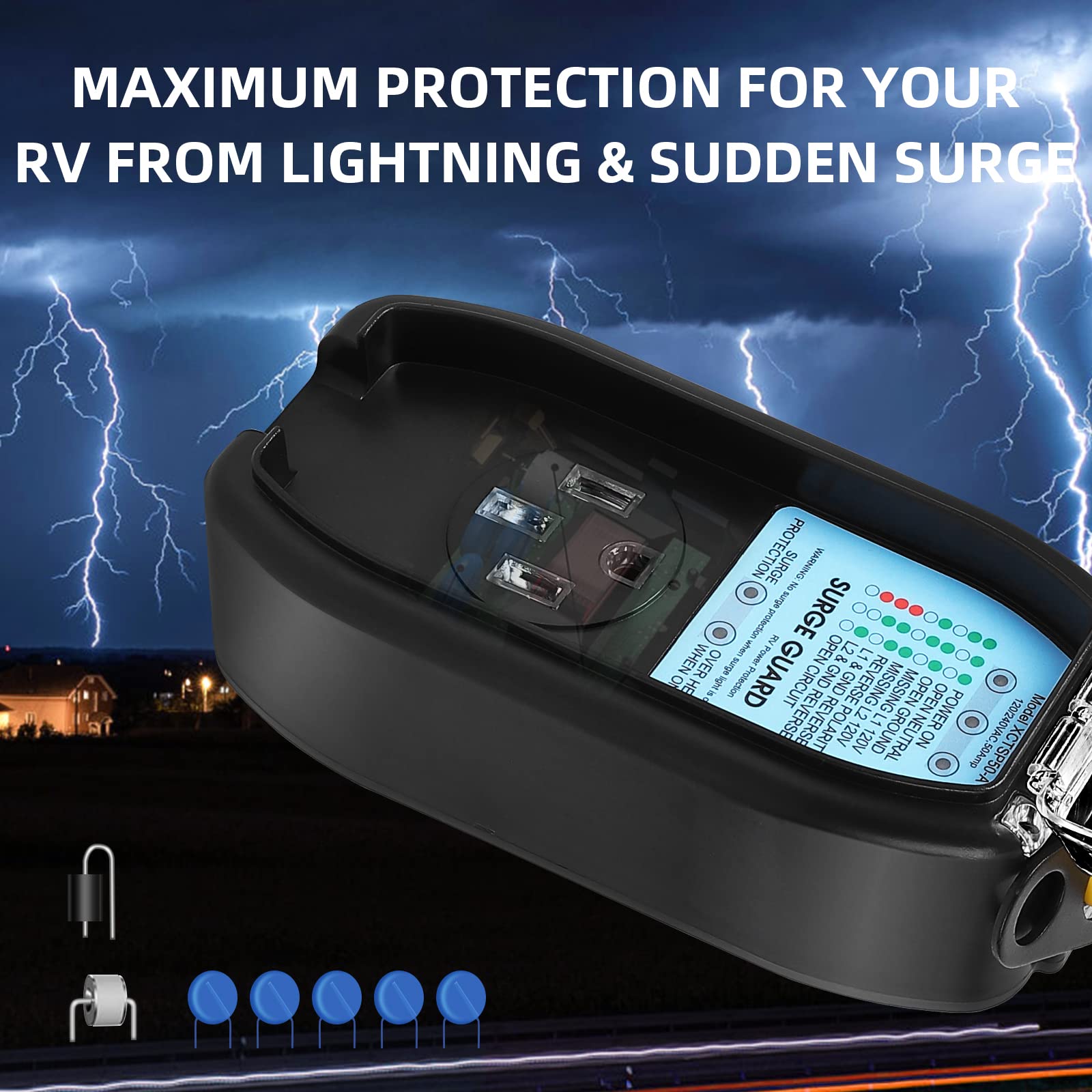 Garvee 50 Amp Surge Protector for RV, RV Surge Protector Waterproof with 4200 Joules Full Protection, Weather Resistant Cover, Easy to Use Handle