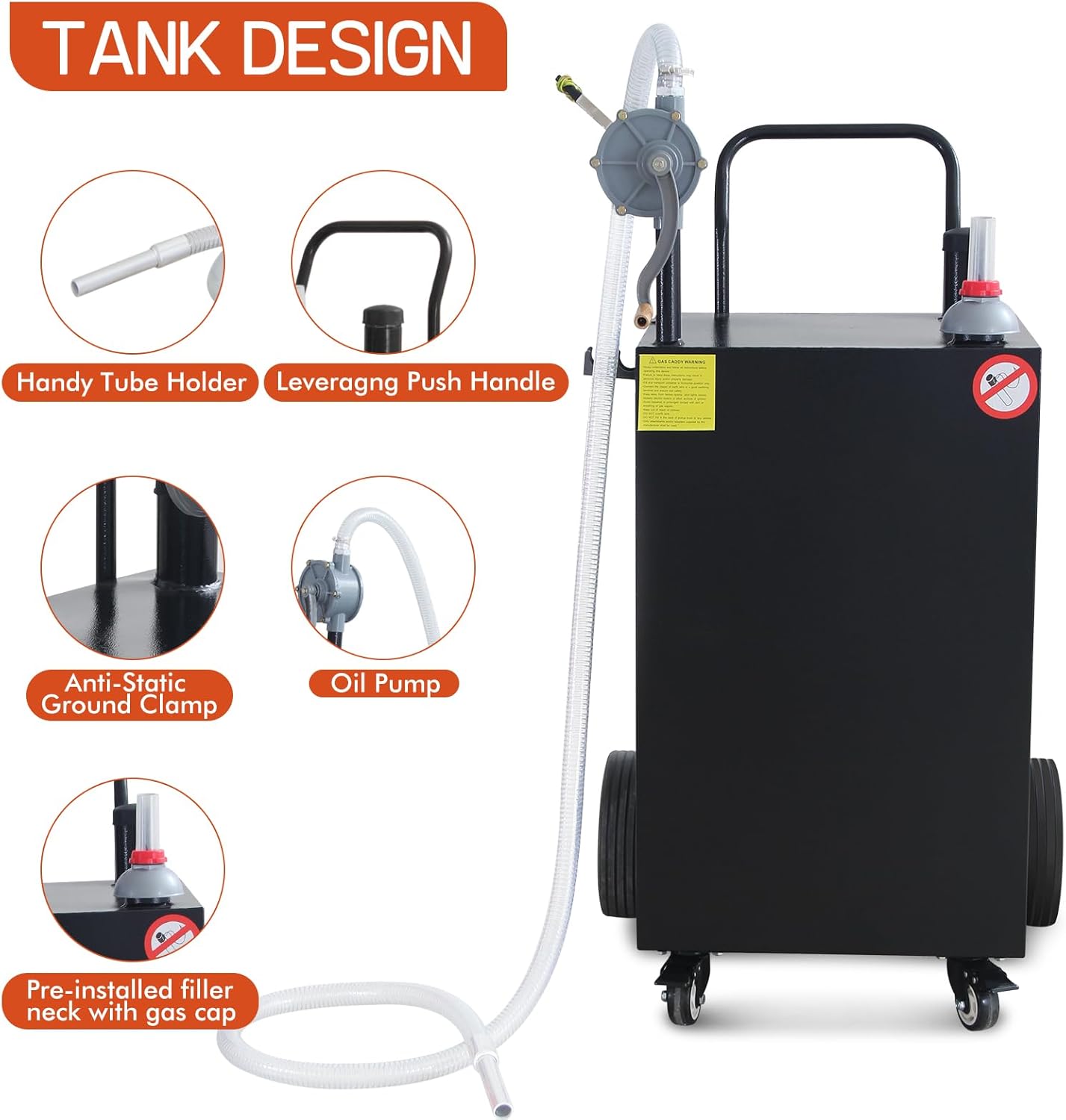 Garvee 45 Gallon Portable Gas Caddy Gasoline Diesel Can Hand Siphon Pump With Rolling Flat-Free Solid Rubber Wheels for Boat, Atv, Car, Motorcycle - Black