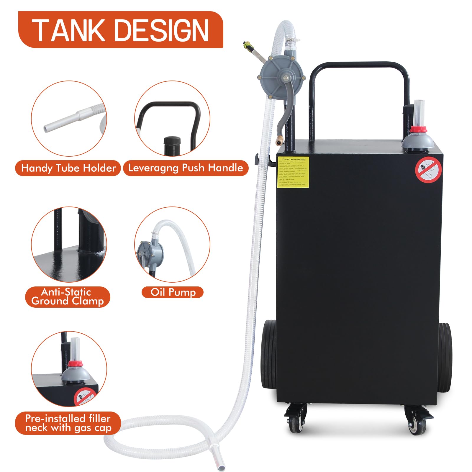 Garvee 50 Gallon Portable Gas Caddy Gasoline Diesel Can Hand Siphon Pump With Rolling Flat-Free Solid Rubber Wheels for Boat, Atv, Car, Motorcycle