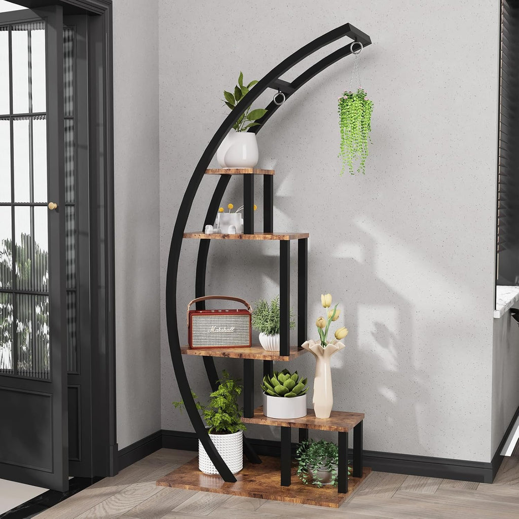 Garvee 5-Tier Half Moon Indoor Plant Stand - Metal Flower Shelf with Hanging Hooks for Indoor Gardening & Home Decor