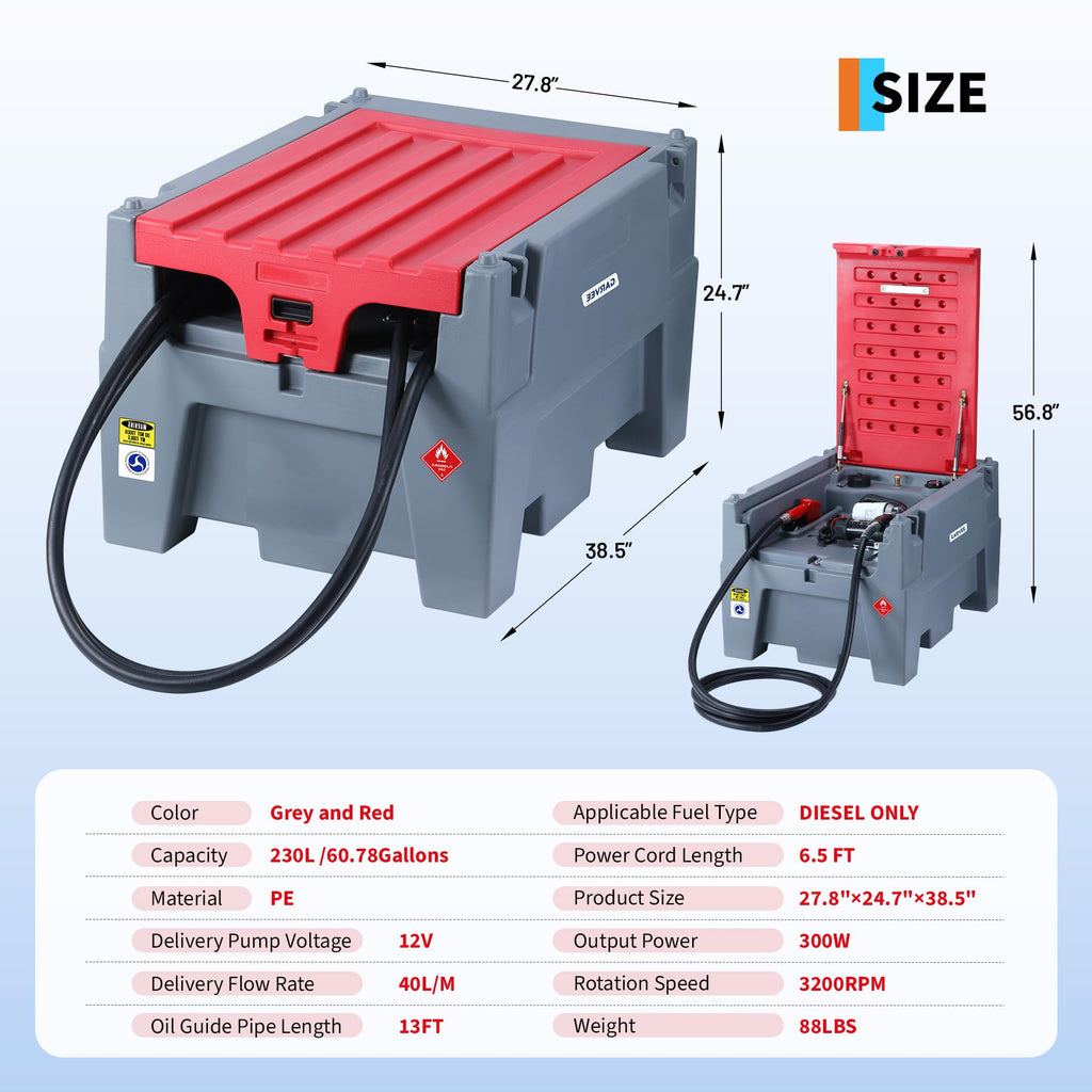 Garvee Portable Diesel Tank 60 Gallon Capacity With 12V Electric Transfer Pump And 13.1ft Rubber Hose For Easy Fuel Transportation, Red