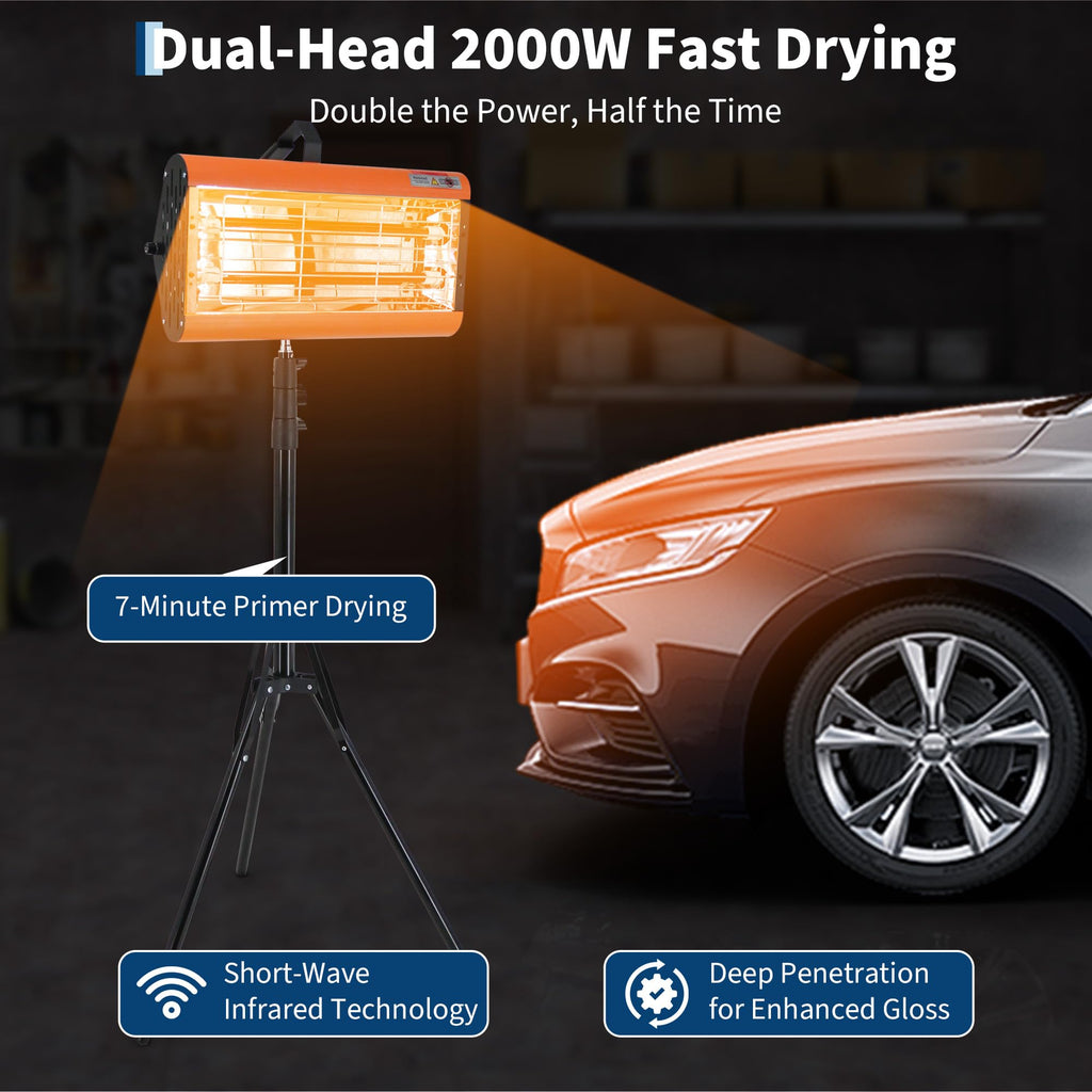 Garvee 2000W Infrared Curing Lamp with Timer & Spray Booth, Handheld/Stand Dual-Use for On-Site Car Paint Repair, Adjustable 0-90 Min, Includes Bracket