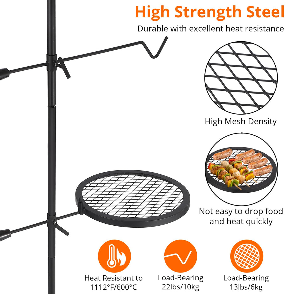Garvee Campfire Grill Grate, 13.4" Open Fire Grate Fire Pit, Portable Campfire Barbecue Rack, Grill Cooking Equipment for Camping Outdoor Camp Fire with Height Adjustable Swivel Grill Grate and Hanger Rod