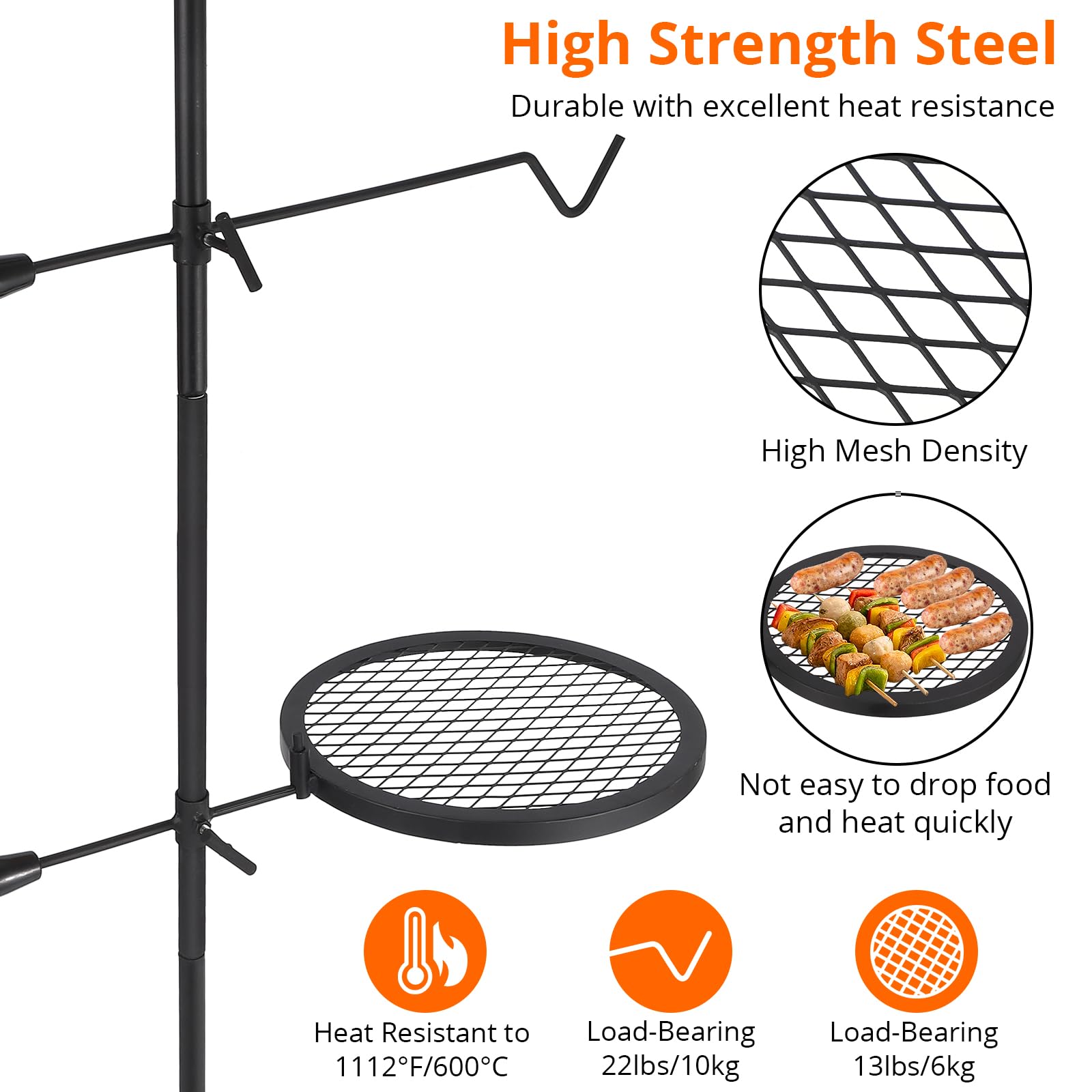 Garvee Campfire Grill Grate, 13.4" Open Fire Grate Fire Pit, Portable Campfire Barbecue Rack, Grill Cooking Equipment for Camping Outdoor Camp Fire with Height Adjustable Swivel Grill Grate and Hanger Rod