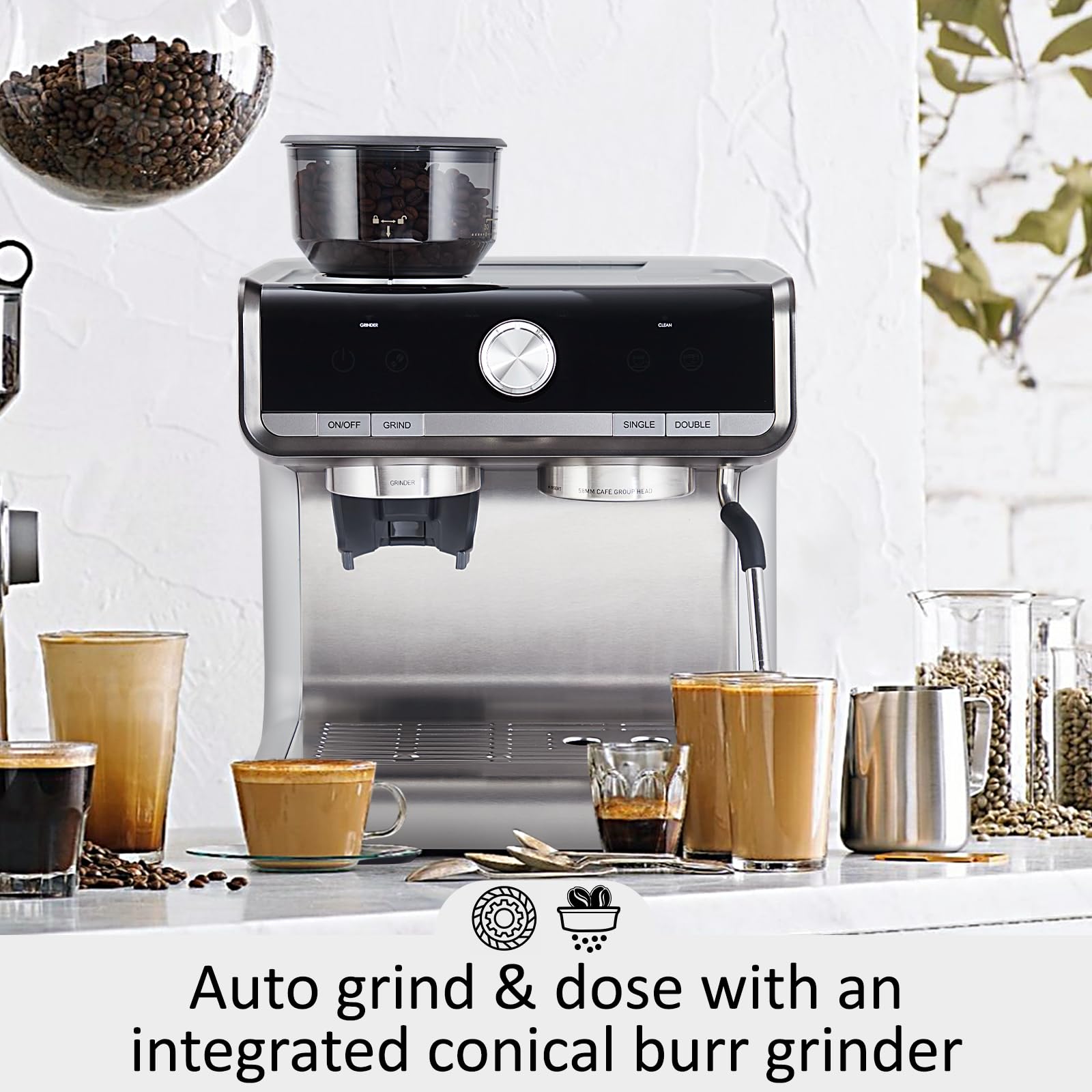 Garvee 1450W 120V 20 Bar Espresso Machine with Steam Wand, Fast Heat,Barista Latte Machine With Removable Water Tank for Cappuccinos or Macchiatos - Silver
