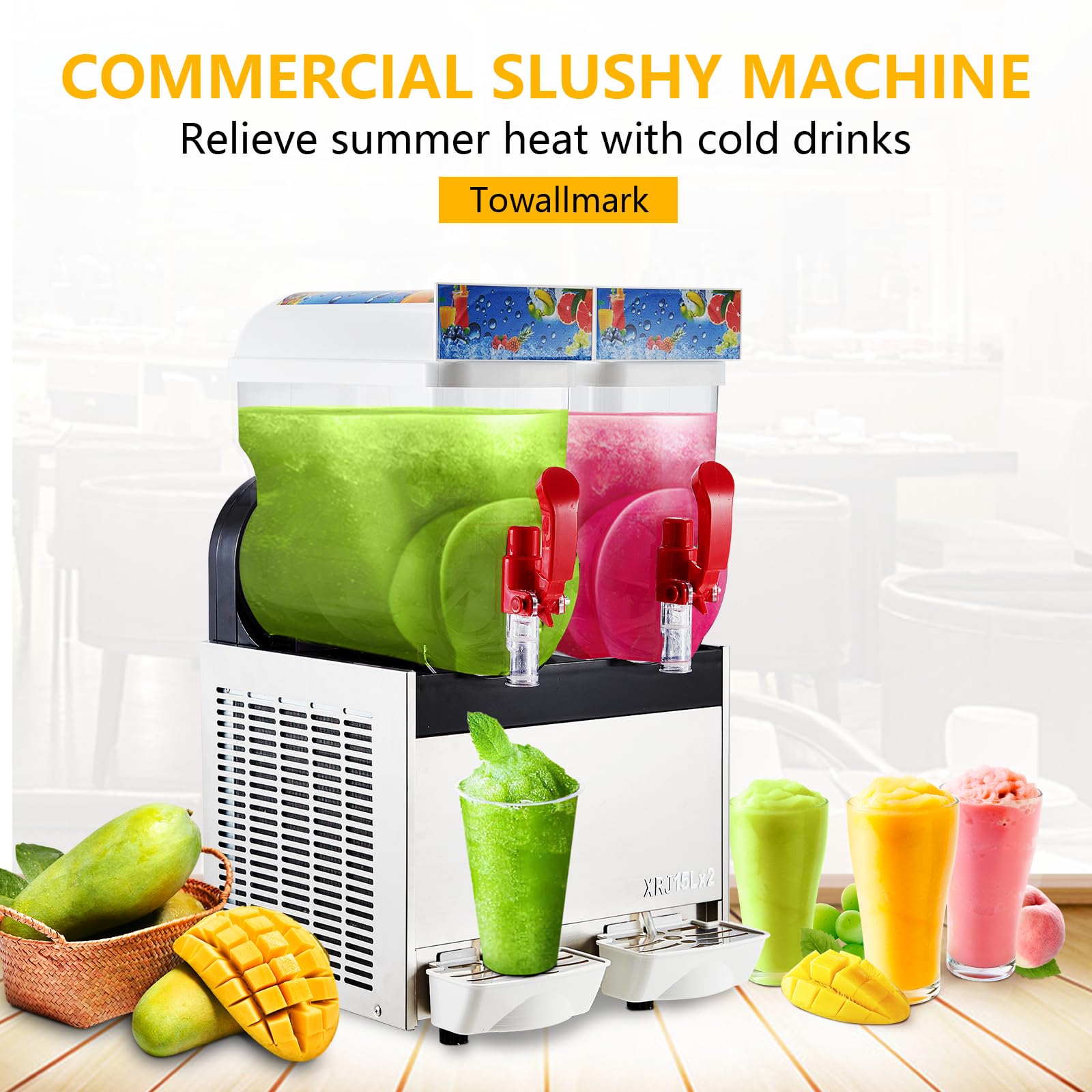 Garvee 15Lx2/7.92 Gals Commercial Slushy Machine Margarita Machine 500W Frozen Drink Machine Food-Grade PC Tanks for Restaurants Bars Pool Parties