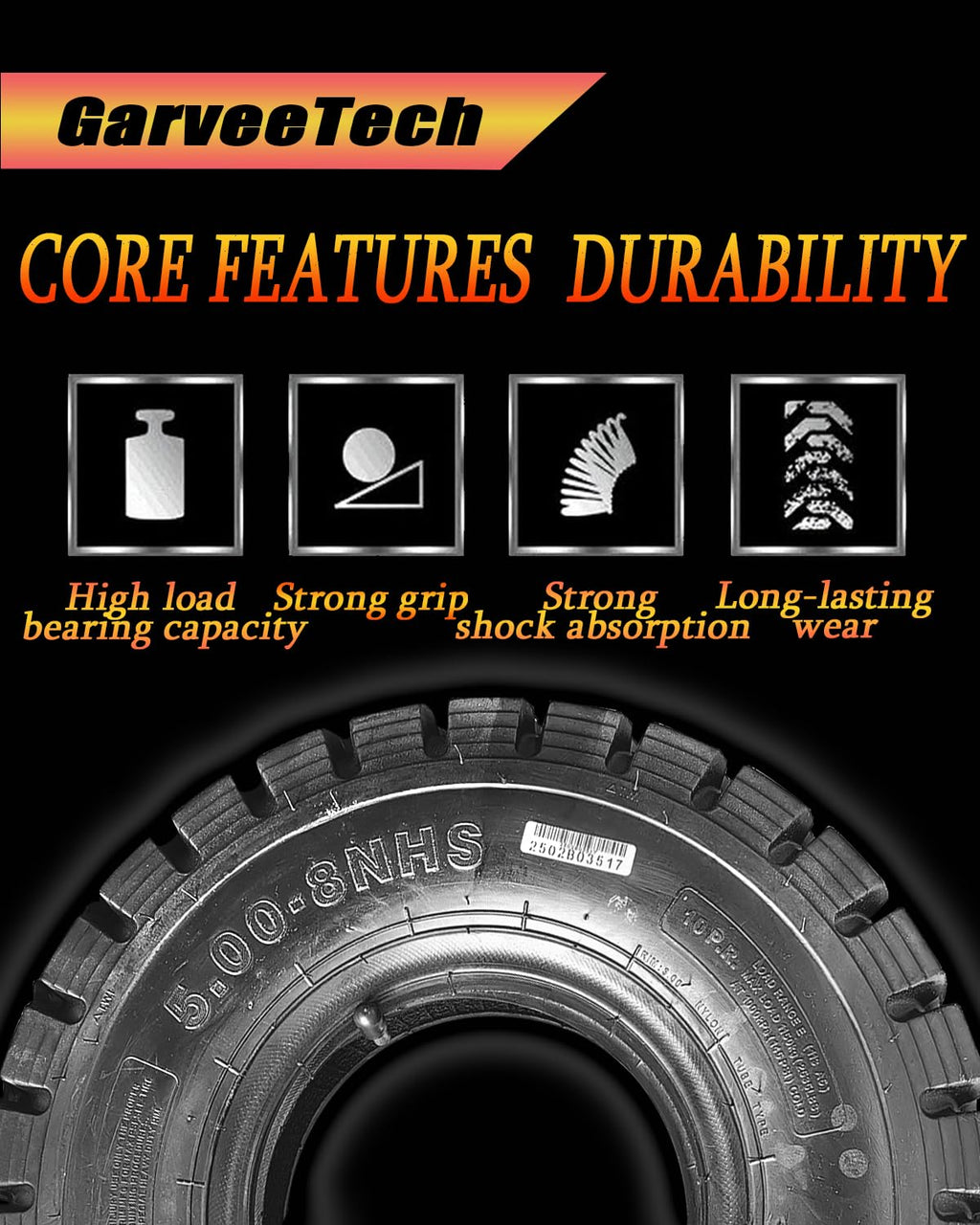 Garvee Heavy Duty Forklift Tire 5.00-8 Tube Type 10 PLY Industrial Durable Black